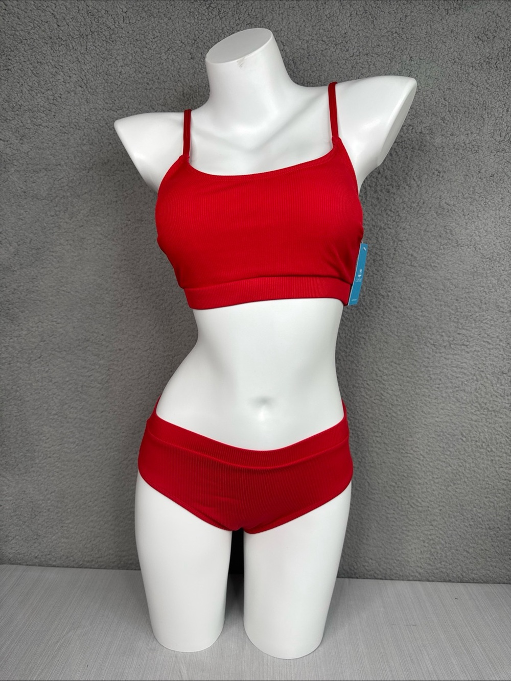 Cupshe Red Ribbed Med Waisted Bikini Set Two Piece Swimsuit Women’s Sz S NWT